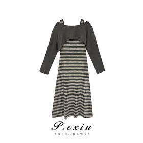 04-6潘依绣丁丁宠粉秋季休闲减龄长袖披肩条纹背心连衣裙两件套89219