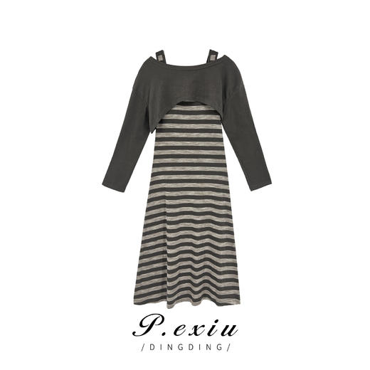 04-6潘依绣丁丁宠粉秋季休闲减龄长袖披肩条纹背心连衣裙两件套89219 商品图0