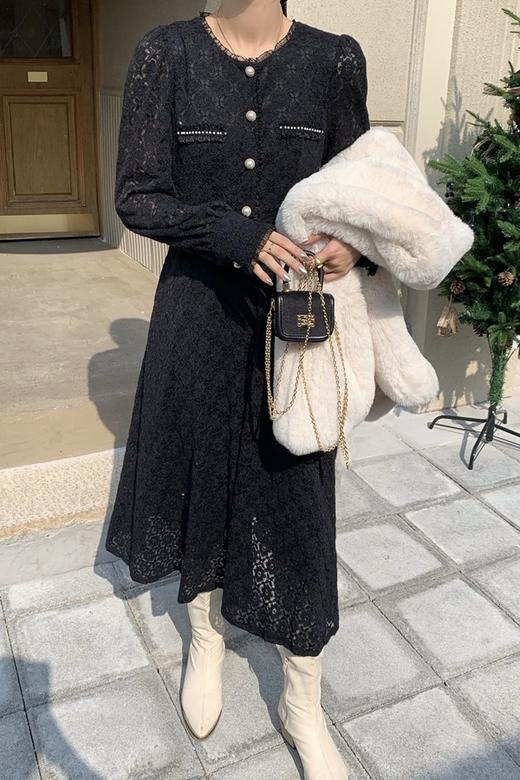 Le Malene 黑色圆领珍珠扣连衣裙 15053 商品图1