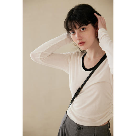 HeyDress天丝羊毛T恤女春季修身长袖内搭打底衫百搭圆领抽褶上衣 商品图2