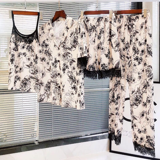 【国潮风升级款冰丝居家服】闺蜜小主蔷薇花蕾丝水墨画四件套舒适宽松家居服 商品图5