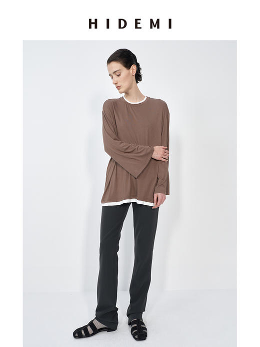 HIDEMI 经典简约拼色宽松假两件长袖T恤上衣 商品图4