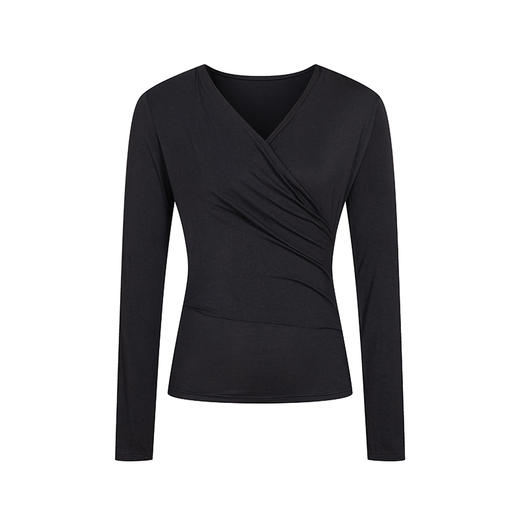 HeyDress长袖T恤女春季修身黑色内搭打底衫交叉V领设计感别致上衣 商品图4