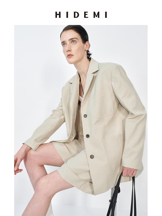HIDEMI 米色轻盈亚麻设计感翻领贴袋大廓形西装中裤套装 商品图6