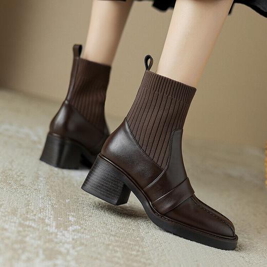 【预售5天】新款复古棕色牛皮袜靴女方头粗跟秋冬单靴针织毛线口切尔西短靴NJMK&K773 商品图4