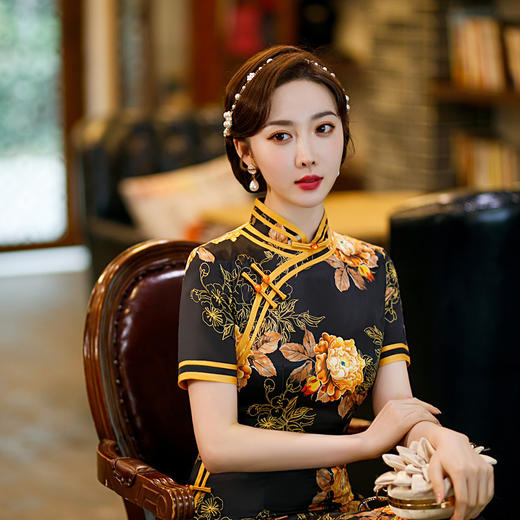高开衩双层旗袍裙，修身印花国风旗袍CX-0650 商品图1
