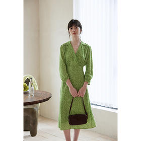 HeyDress绿色碎花连衣裙女春季法式复古翻领收腰设计浪漫印花裙子