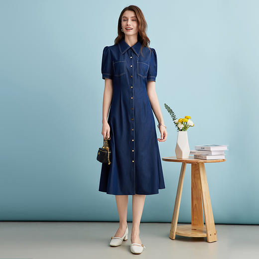EITIE爱特爱衬衫领复古文艺显瘦修身a字牛仔连衣裙夏季新款B2407302 商品图1