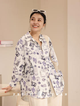 PETIT SCHAN小闪 CLO#350 take a sip 花间一壶酒 原创酒瓶手绘印花亚麻汉麻纯天然衬衫