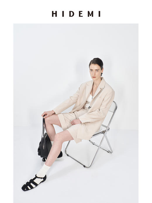 HIDEMI 米色轻盈亚麻设计感翻领贴袋大廓形西装中裤套装 商品图10