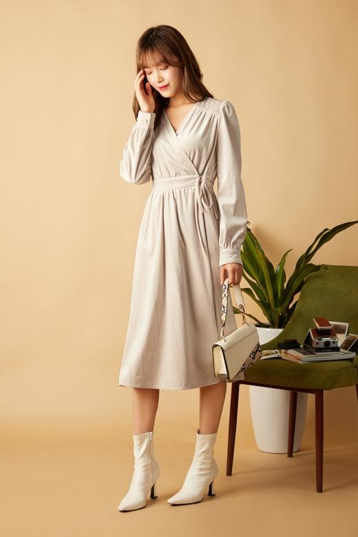 Le Malene 杏色磨毛灯芯绒系带连衣裙 10648 商品图1