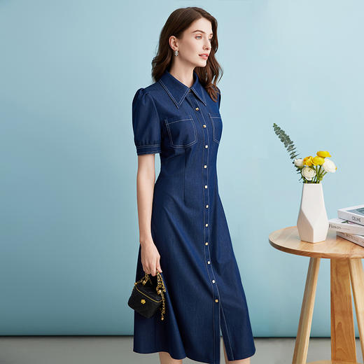 EITIE爱特爱衬衫领复古文艺显瘦修身a字牛仔连衣裙夏季新款B2407302 商品图3