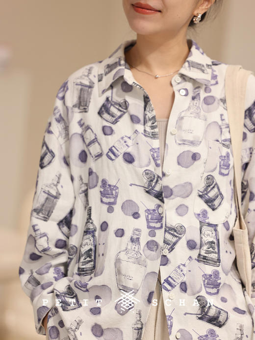 PETIT SCHAN小闪 CLO#350 take a sip 花间一壶酒 原创酒瓶手绘印花亚麻汉麻纯天然衬衫 商品图2
