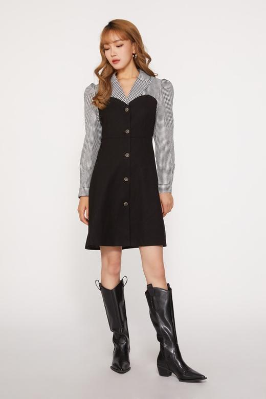 Le Malene 黑白格纹假两件式连衣裙 10029 商品图5
