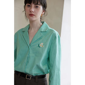 【周四精选福利】HeyDress条纹刺绣衬衣女法式复古V领小雏菊设计衬衣别致上衣