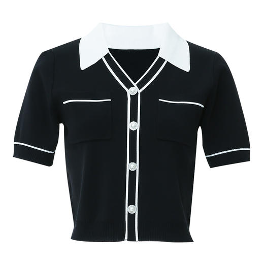 EITIE爱特爱时尚气质通勤撞色短款翻领针织T恤上衣夏季新款B2401302 商品图5