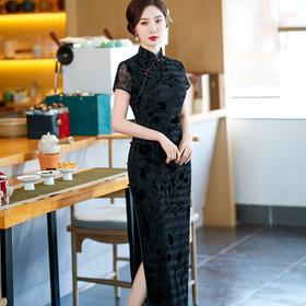 新款春夏黑色植绒长旗袍，年轻款气质修身复古优雅雪尼尔旗袍ZA-593