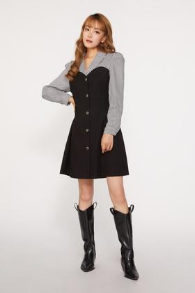 Le Malene 黑白格纹假两件式连衣裙 10029