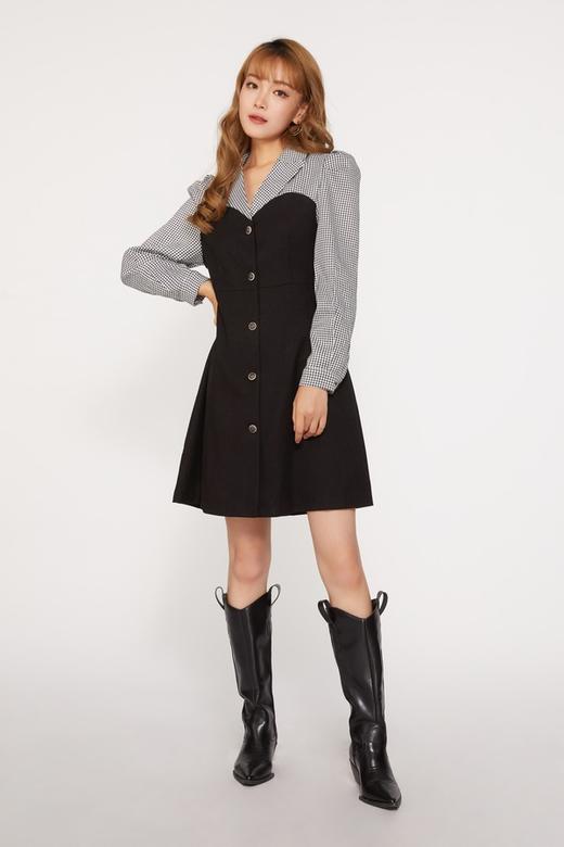 Le Malene 黑白格纹假两件式连衣裙 10029 商品图0