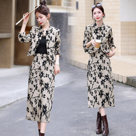 春上新中国风套装简洁时尚潮流，优雅印花两件套裙HR-WZ23509 商品图1