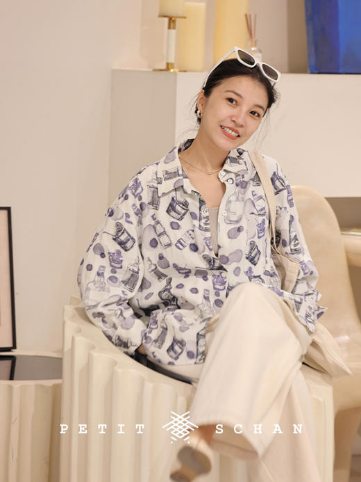 PETIT SCHAN小闪 CLO#350 take a sip 花间一壶酒 原创酒瓶手绘印花亚麻汉麻纯天然衬衫 商品图1