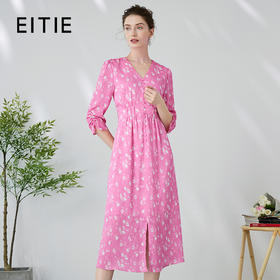EITIE爱特爱复古V领法式碎花收腰先后桃红色连衣裙春季新款A2407335