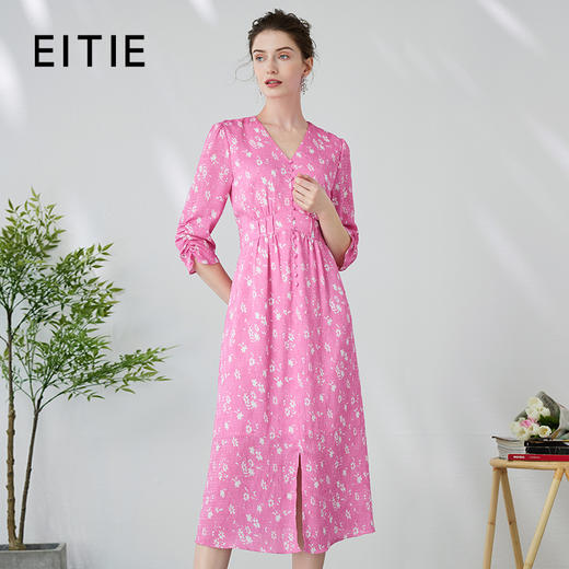 EITIE爱特爱复古V领法式碎花收腰先后桃红色连衣裙春季新款A2407335 商品图0