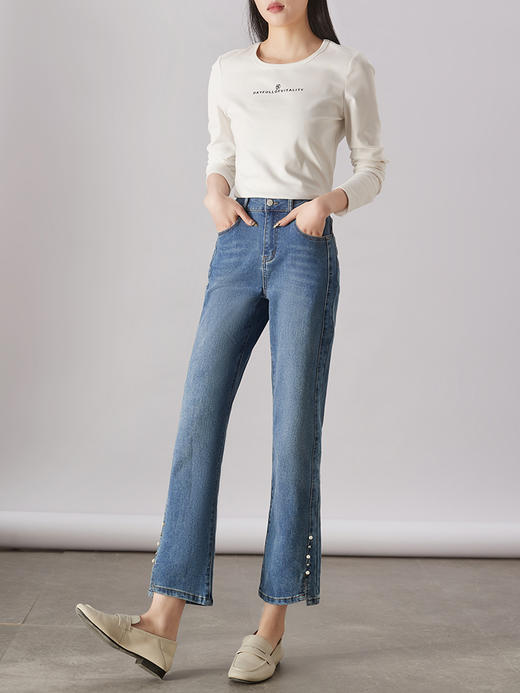 【专属特惠】熙世界钉珠开衩牛仔裤女秋秋2025年新款高腰显瘦微叭直筒九分裤子 商品图3