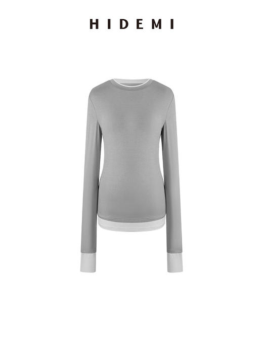 HIDEMI 【赵露思同款】经典简约拼色贴身假两件长袖T恤上衣 商品图10