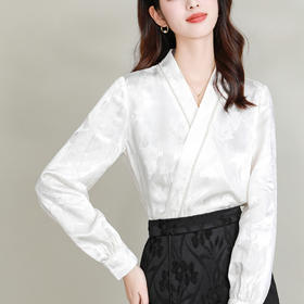 新中式上衣，女白色交领提花珍珠带小衫春秋国风改良汉服衬衫KQL-B43N1837
