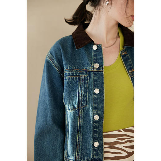 HeyDress复古牛仔外套女春秋法式撞色翻领设计感时髦休闲短款上衣 商品图2