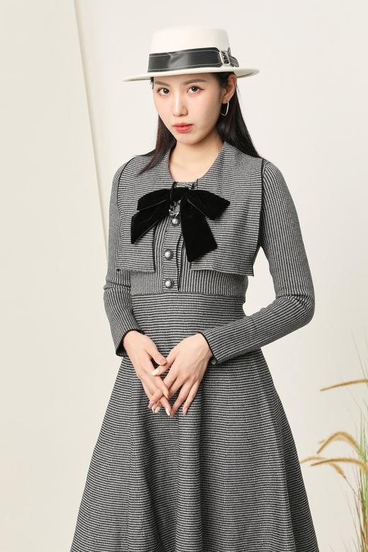 ELLA JADE 复古千鸟格纹领结收腰伞摆连衣裙 14872 商品图3