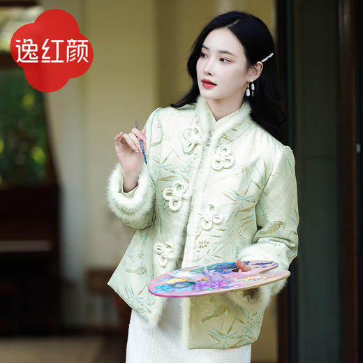 上海逸红颜花竹影2025冬季新款新中式棉服手工花瓣盘扣金丝提花料 商品图3