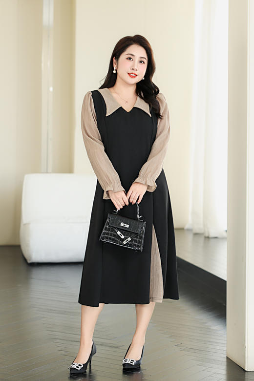 大码秋款中长款胖MM时髦通勤气质修身长袖时尚连衣裙 商品图2