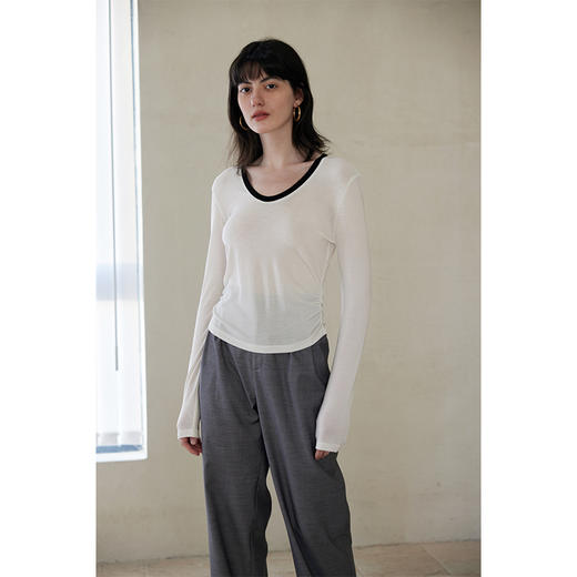 HeyDress天丝羊毛T恤女春季修身长袖内搭打底衫百搭圆领抽褶上衣 商品图1