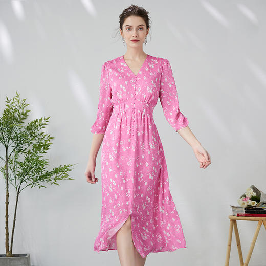 EITIE爱特爱复古V领法式碎花收腰先后桃红色连衣裙春季新款A2407335 商品图2