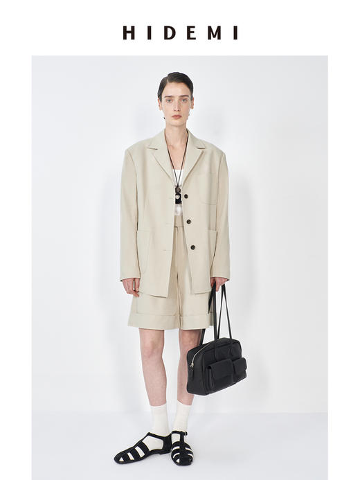 HIDEMI 米色轻盈亚麻设计感翻领贴袋大廓形西装中裤套装 商品图0