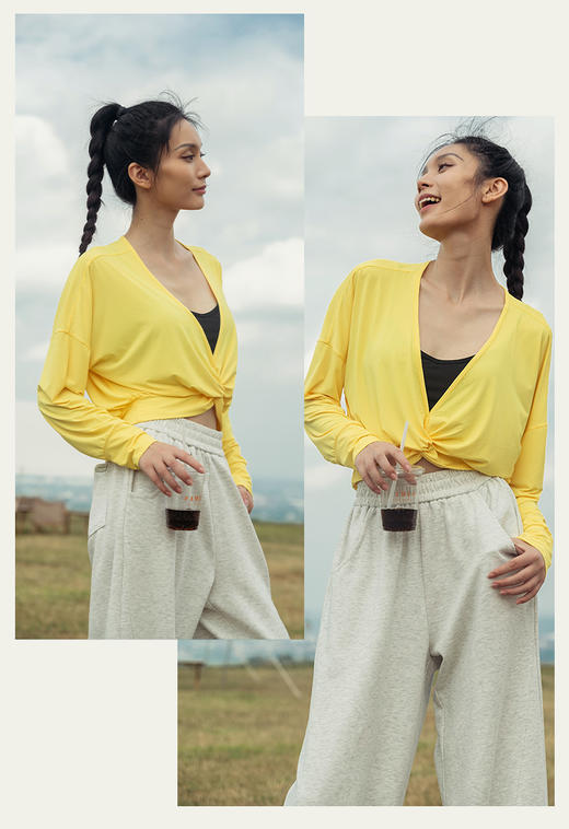 【凉感面料】V领 扭结 遮肉 显瘦 轻薄清爽 长袖罩衫上衣 商品图2