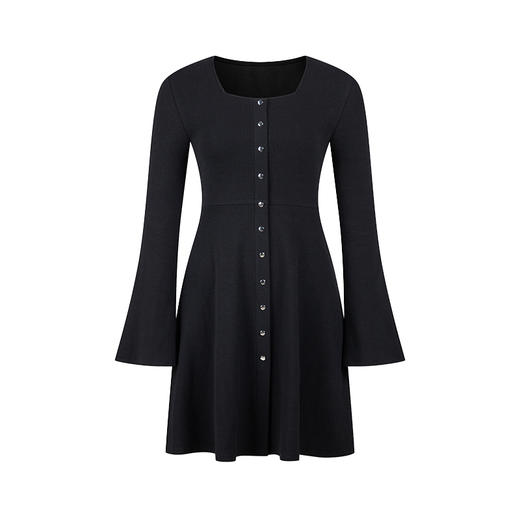 HeyDress法式方领针织连衣裙女春季复古排扣收腰设计长袖黑色裙子 商品图4