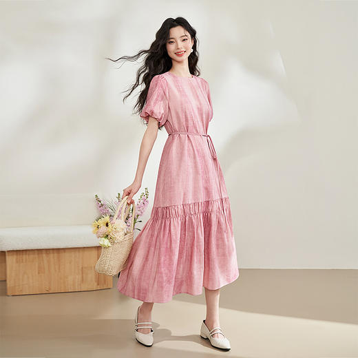 文艺慵懒气质扎染印花褶皱连衣裙女新款直筒长裙V0640524 商品图1