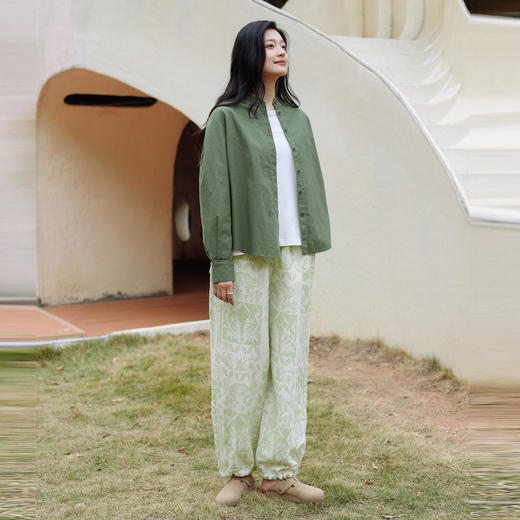 绽放059朵/二月春花亚麻印花清新减龄脚口弹力抽绳宽松休闲长裤女 商品图1
