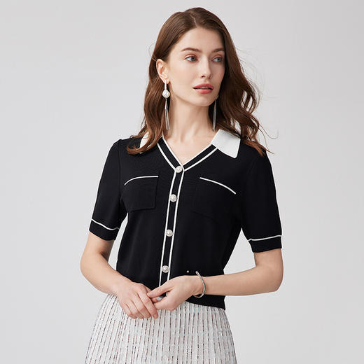 EITIE爱特爱时尚气质通勤撞色短款翻领针织T恤上衣夏季新款B2401302 商品图2