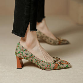 【预售5天】民族风高跟鞋方头单鞋女真皮粗跟工作鞋职场PS&PS766