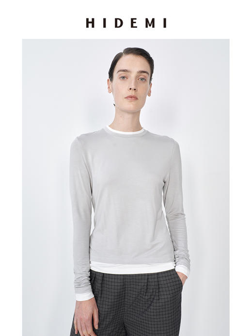 HIDEMI 【赵露思同款】经典简约拼色贴身假两件长袖T恤上衣 商品图0