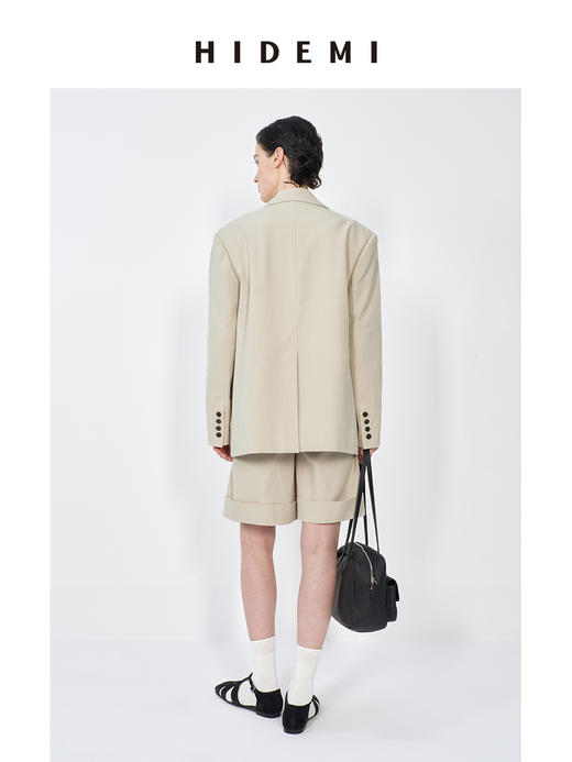 HIDEMI 米色轻盈亚麻设计感翻领贴袋大廓形西装中裤套装 商品图4
