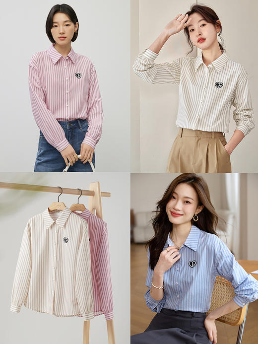 【1件82折】熙世界粉色条纹衬衫女士长袖2025年早秋新款通勤时尚刺绣纯棉衬衣 商品图1