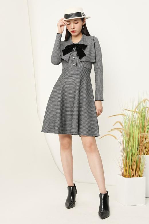 ELLA JADE 复古千鸟格纹领结收腰伞摆连衣裙 14872 商品图0
