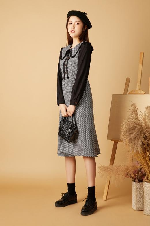 Le Malene 浪漫黑色格纹拼接连衣裙 10541 商品图1