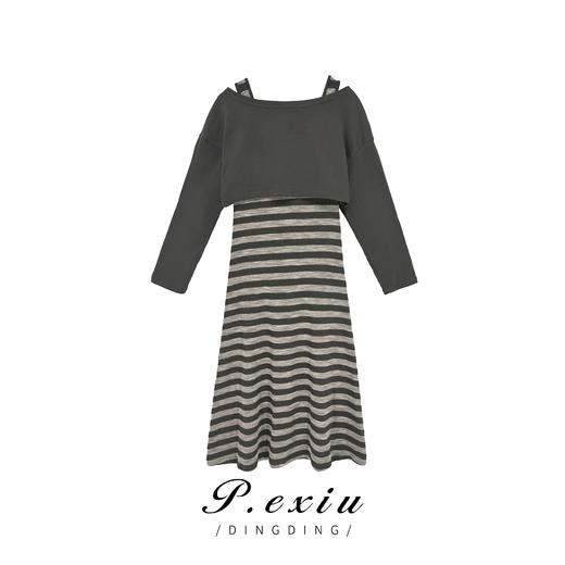 04-6潘依绣丁丁宠粉秋季休闲减龄长袖披肩条纹背心连衣裙两件套89219 商品图1