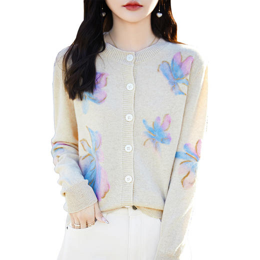 丁摩 纯羊毛开衫圆领吸绒花朵针织外套2311 商品图4